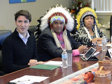 Prime Minister Justin Trudeau meets with the leaders of the File Hills Tribal Council at the Treaty Four Governance Centre in Fort Qu'Appelle, Saskatchewan.