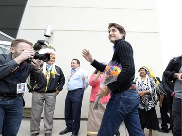 Prime Minister Justin Trudeau arrives at the Treaty Four Governance Centre in Fort Qu'Appelle Saskatchewan Tuesday April 26, 2016 before meeting with the leaders of the File Hills Tribal Council.