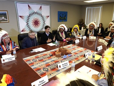 Prime Minister Justin Trudeau meets with the leaders of the File Hills Tribal Council at the Treaty Four Governance Centre in Fort Qu'Appelle, Saskatchewan.