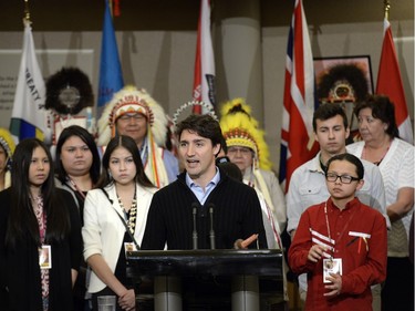 Prime Minister Justin Trudeau  holds a news conference at the Treaty Four Governance Centre in Fort Qu'Appelle Saskatchewan Tuesday April 26, 2016 after meeting with the leaders of the File Hills Tribal Council earlier in the day.