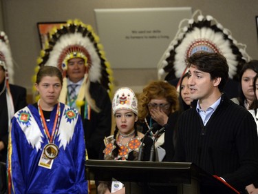 Prime Minister Justin Trudeau  holds a news conference at the Treaty Four Governance Centre in Fort Qu'Appelle Saskatchewan Tuesday April 26, 2016 after meeting with the leaders of the File Hills Tribal Council earlier in the day.