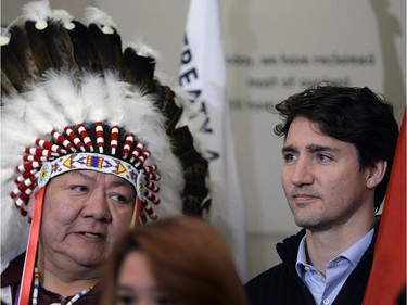 Prime Minister Justin Trudeau  holds a news conference at the Treaty Four Governance Centre in Fort Qu'Appelle Saskatchewan Tuesday April 26, 2016 after meeting with the leaders of the File Hills Tribal Council earlier in the day.