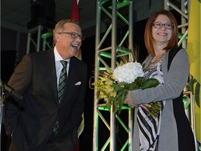 Premier Brad Wall speaks to supporters at the Palliser Pavilion in his home riding of Swift Current after his third election win in Saskatchewan.