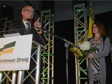 Premier Brad Wall speaks to supporters at the Palliser Pavilion in his home riding of Swift Current after his third election win in Saskatchewan.