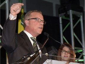 Premier Brad Wall speaks to supporters at the Palliser Pavilion in his home riding of Swift Current after his third election win in Saskatchewan.