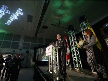 Premier Brad Wall speaks to supporters at the Palliser Pavilion in his home riding of Swift Current after his third election win in Saskatchewan.