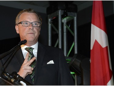 Premier Brad Wall speaks to supporters at the Palliser Pavilion in his home riding of Swift Current after his third election win in Saskatchewan.