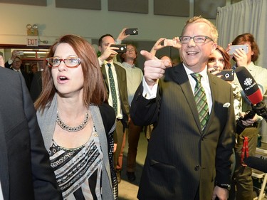 Premier Brad Wall speaks to supporters at the Palliser Pavilion in his home riding of Swift Current after his third election win in Saskatchewan.