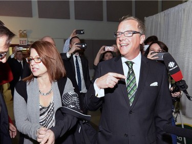 Premier Brad Wall speaks to supporters at the Palliser Pavilion in his home riding of Swift Current after his third election win in Saskatchewan.