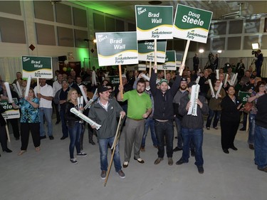 Saskatchewan Party supporters cheer as results come in at the Palliser Pavilion in Brad Wall's home riding of Swift Current after his third election win in Saskatchewan.