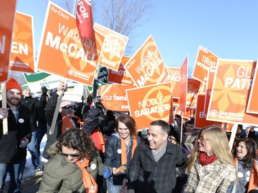 NDP leader Cam Broten arrives for the Leaders Debate at the Regina CBC headquarters Wednesday