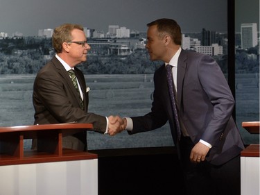 SaskatchewanParty leader Brad Wall (left) and NDP leader Cam Broten square off for the Leaders Debate at the Regina CBC headquarters Wednesday.