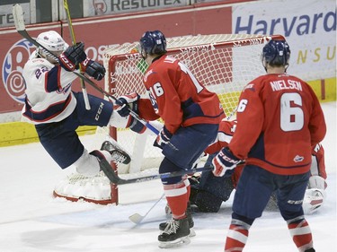 Pats' Rykr Cole scores the eventual game winner on Lethbridge goal tender Stuart Skinner during game three of WHL playoff action between the Lethbridge Hurricanes and the Regina Pats at the Brandt Centre in Regina Tuesday night.