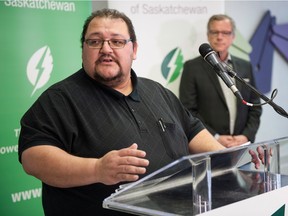 Richard Derocher, council with the Flying Dust First Nation, speaks during a Saskatchewan Party campaign announcement in Regina.