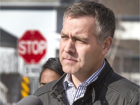 NDP leader Cam Broten speaking in Martensville during a campaign stop on March 29.