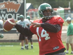 Saskatchewan Roughriders quarterback Darian Durant, shown wearing No. 14 during a practice in 2006, is marking his 10th anniversary with the CFL team.