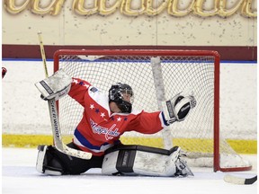 Saves like this by goaltender Thomas Spence kept the Regina Capitals in the bronze-medal game at the Keystone Cup.