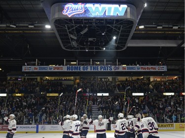 The Regina Pats celebrate a 5-1 victory over the Red Deer Rebels after a playoff game held at the Brandt Centre in Regina, Sask. on Sunday April. 17, 2016.