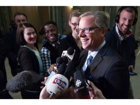 Brad Wall speaks to media one day after the Saskatchewan Party's electoral victory at the Legislative Building in Regina, Saskatchewan on Tuesday April 5, 2016.
