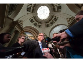 Brad Wall speaks to media at the Legislative Building on Tuesday the day after the Saskatchewan Party's electoral victory.