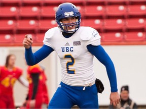 UBC kicker/punter Quinn van Gylswyk had a lot to celebrate after being selected in the third round of Tuesday's CFL draft by the Saskatchewan Roughriders.