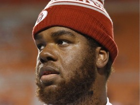 Oklahoma offensive tackle Josiah St. John is pictured before an NCAA college football game between Oklahoma and Okalhoma State in Stillwater, Okla., Monday, Nov. 30, 2015. St. John could still go first overall in next month's CFL draft.