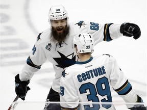 Brent Burns (88) and the San Jose Sharks bounced the Nashville Predators from the NHL playoffs Thursday. The Sharks won the series in seven games, advancing by the hair on their chinny chin chins.