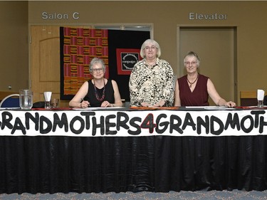 Members of Grandmothers 4 Grandmothers staff a table during a Regina fundraiser supporting the Stephen Lewis Foundation held at Queensbury Convention Centre in Regina, Sask. on Saturday April. 30, 2016.