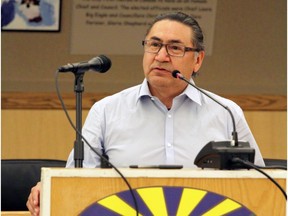 Romeo Saganash, NDP MP for Abitibi—Baie-James—Nunavik—Eeyou (Quebec), addressing members of the File Hills Qu'Appelle Tribal Council in Fort Qu'Appelle. He is in Saskatchewan to garner support for Bill C 262, an Act to ensure that the laws of Canada are in harmony with the United Nations Declaration on the Rights of Indigenous Peoples, that he introduced in April. (photo supplied by File Hills Qu'Appelle Tribal Council)
