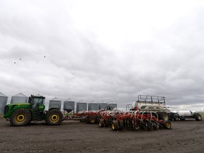 Rain has kept farmer equipment idle in a field just north of Regina on Thursday.  Saskatchewan Agriculture reports 35 per cent of seeding is complete.