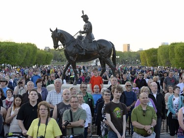 REGINA, SASK :  May 16, 2016  -- A large crowd was on hand for the ceremonial removal of the cover on the dome of the Legislative Building in Regina on Monday. TROY FLEECE