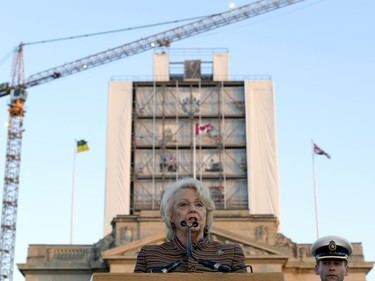 Lieutenant Governor Vaughn Solomon Schofield addresses a large crowd  on hand for the ceremonial removal of the cover on the dome of the Legislative Building in Regina on Monday.