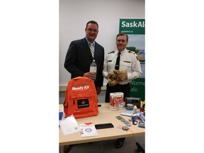 Regina Walsh Acres MLA Warren Steinley and Commissioner Duane McKay show some of the items you should have in your emergency preparedness kit for the launch of the 20th Emergency Preparedness Week. Craig Baird/LEADER-POST