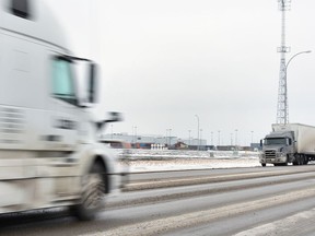 Transport traffic near the Global Transportation Hub in Regina on Feb. 3.