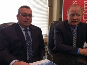 Avison Young Commercial Real Estate released its 2016 spring industrial market report Thursday. Richard Jankowski, managing director (right), and Jeff Sackville, sales associate, said industrial vacancy rates are rising but lease rates remain high.