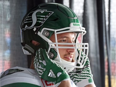 Justin Capicciotti at the launch of the new Saskatchewan Roughriders adidas uniforms for the 2016 season. The black trim was removed from the jersey and the numbers and the pants feature four stripes on the left side – each one representing a Grey Cup victory over the years.