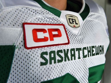 Matt Webster at the launch of the new Saskatchewan Roughriders adidas uniforms for the 2016 season. The black trim was removed from the jersey and the numbers and the pants feature four stripes on the left side – each one representing a Grey Cup victory over the years.