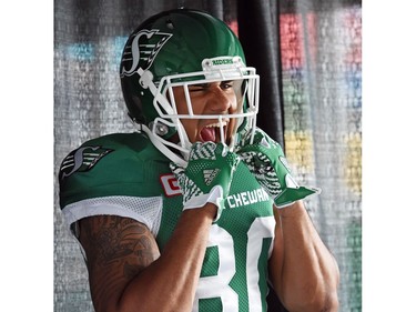 Spencer Moore is pumped about the launch of the new Saskatchewan Roughriders adidas uniforms for the 2016 season. The black trim was removed from the jersey and the numbers and the pants feature four stripes on the left side – each one representing a Grey Cup victory over the years.