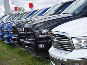 New trucks lined up at the sales lot at Crestview Chrysler in Regina.  New vehicle sales in Saskatchewan were down 6.2 per cent in March.