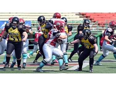 Regina Riot running back, Celeste Schnell (L) runs the ball before encountering Taylor Hamilton (R) with the Winnipeg Wolfpack during a football game at Mosaic Stadium in Regina.