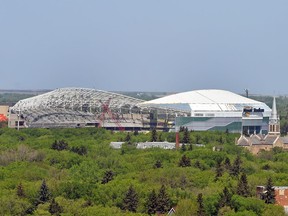 The new Mosaic Stadium rises above the trees as seen from atop the Saskatchewan Legislature Dome during the renewal project.