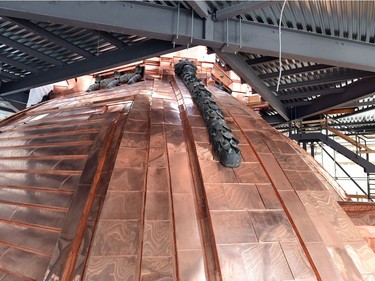 The Saskatchewan Legislature Dome during the renewal project.  The project has used 12,700 kilograms of copper, worth $100,000 while the entire restoration project cost is approximately $21 million.