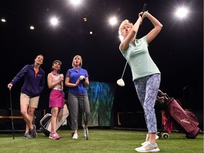 Melanie Janzen (Connie) (right) follows through with a drive as her teammates (from left) Elana Post (Dory), Jamie Lee Shebelski (Tate), Deborah Drakeford (Margot) look on during a photo call from The Ladies Foursome, the latest production from Globe Theatre.