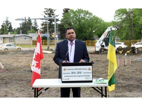 Silver Sage Chair Edmund Bellegarde speaks at the launch of a new affordable housing complex located at 5525 Dewdney Avenue in Regina.