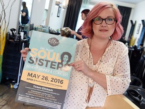 The Room Hair Design Salon owner, Alison Korowko, with a 14th Annual Soul Sisters YWCA fundraiser poster. The Salon was robbed of fundraising money and items 12 hours before their YWCA fundraiser.