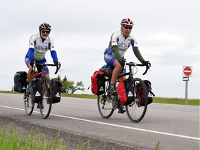 Jim Stewart (left) and Marty Denonville are cycling across Canada to raise money and awareness of Huntington disease.