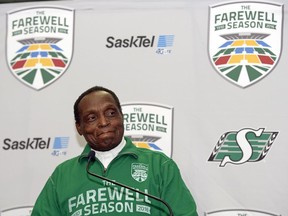 Saskatchewan Roughriders great George Reed, shown here during a media conference Dec. 2, will be among the CFL team's former players who will be celebrated during the Roughriders' final season at Mosaic Stadium.