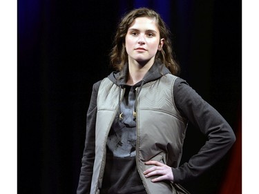 A model wears a design by tentree, a Regina label of menswear and women's lifestyle apparel on the runway on the opening night of Saskatchewan Fashion Week at Canada Saskatchewan Production Studios in Regina.