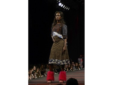 A model wears a design by ELINMAE by Nataliya Barbero of Regina on the runway on the second night of Saskatchewan Fashion Week at Canada Saskatchewan Production Studios in Regina.