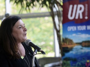 U of R president Dr. Vianne Timmons speaks at an event welcoming a visiting Mexican delegation focused on exchanges and research.